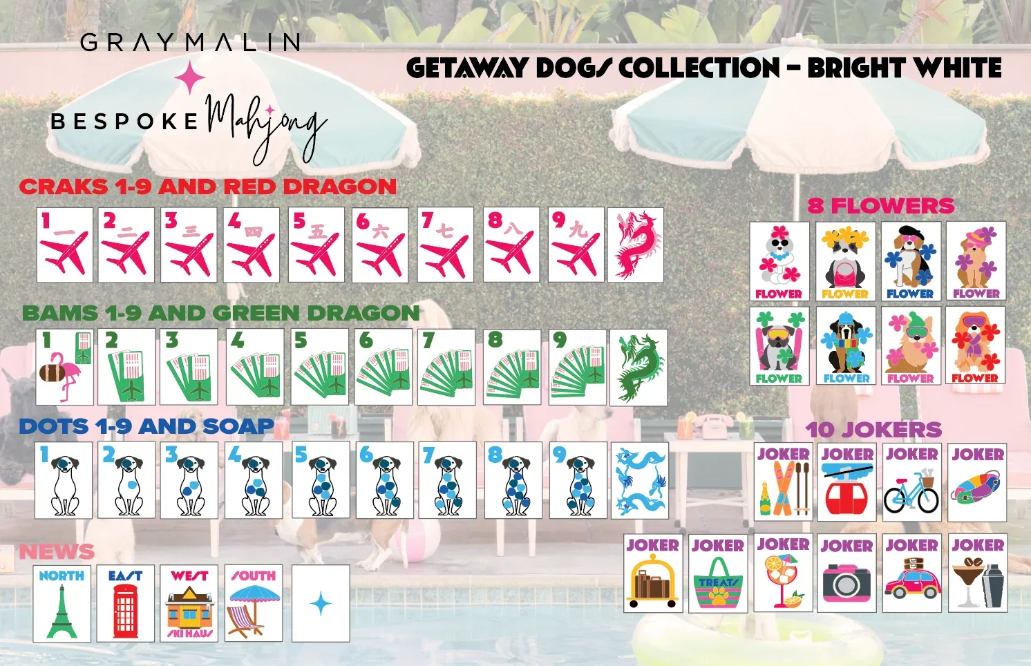 Bespoke X Gray Malin Getaway Dogs Mahjong Tiles - Bright White