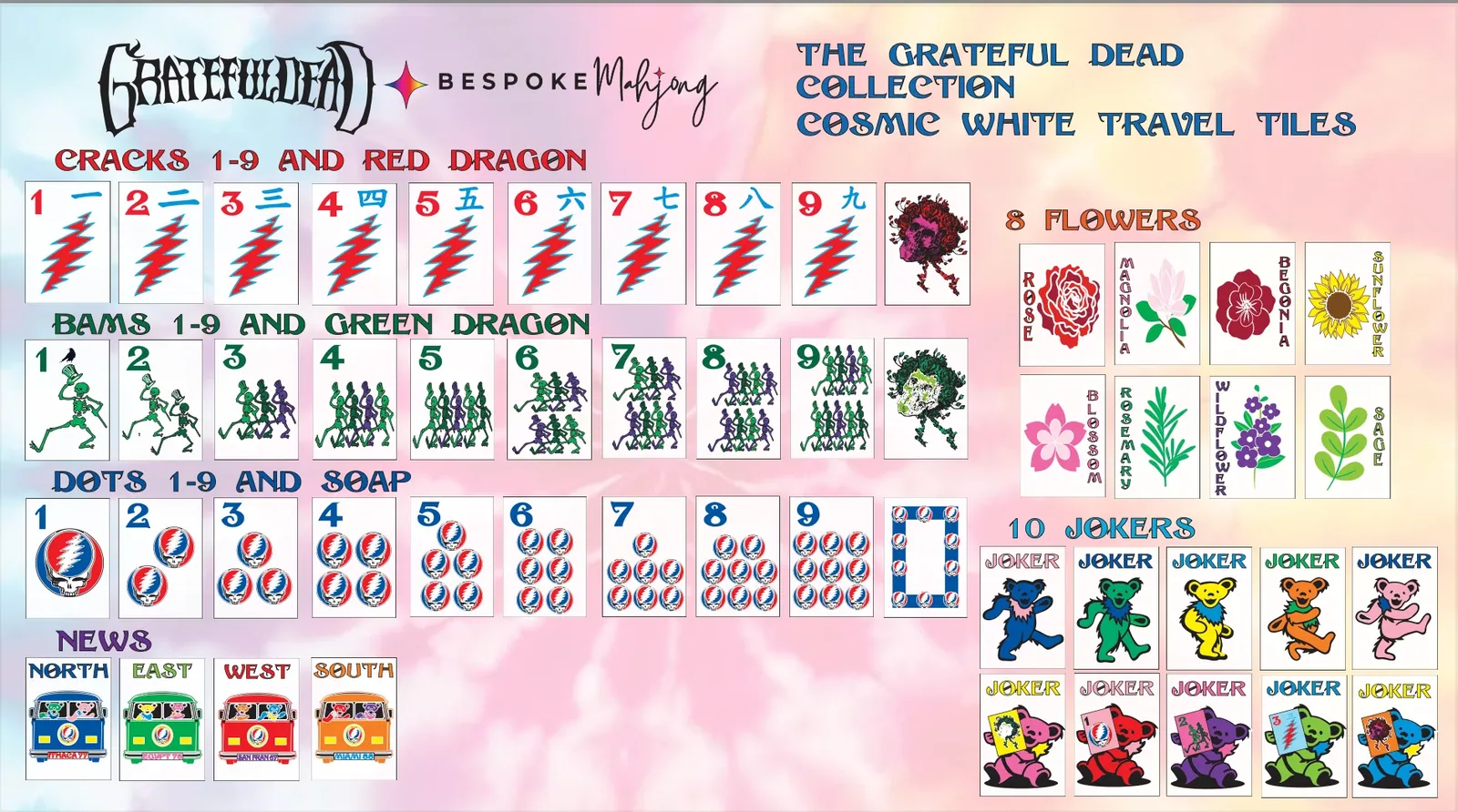 Grateful Dead x Bespoke Mahjong Travel Tiles Kit - COSMIC WHITE PEARL