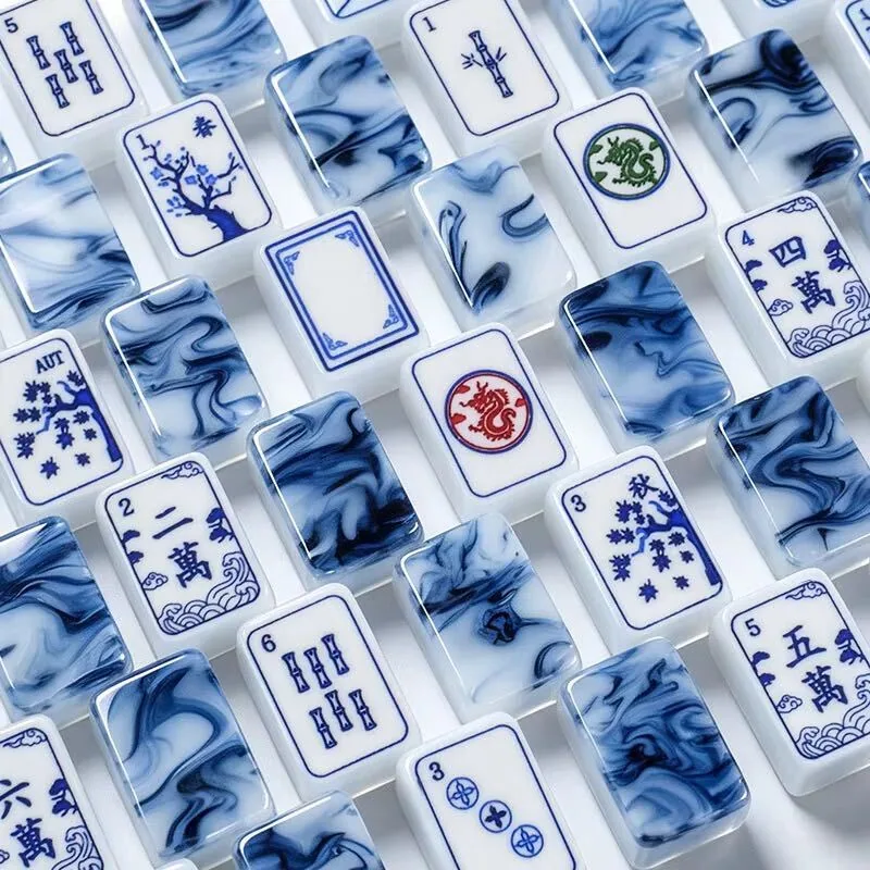 Blue Marbled Porcelain American Mahjong Tiles Set