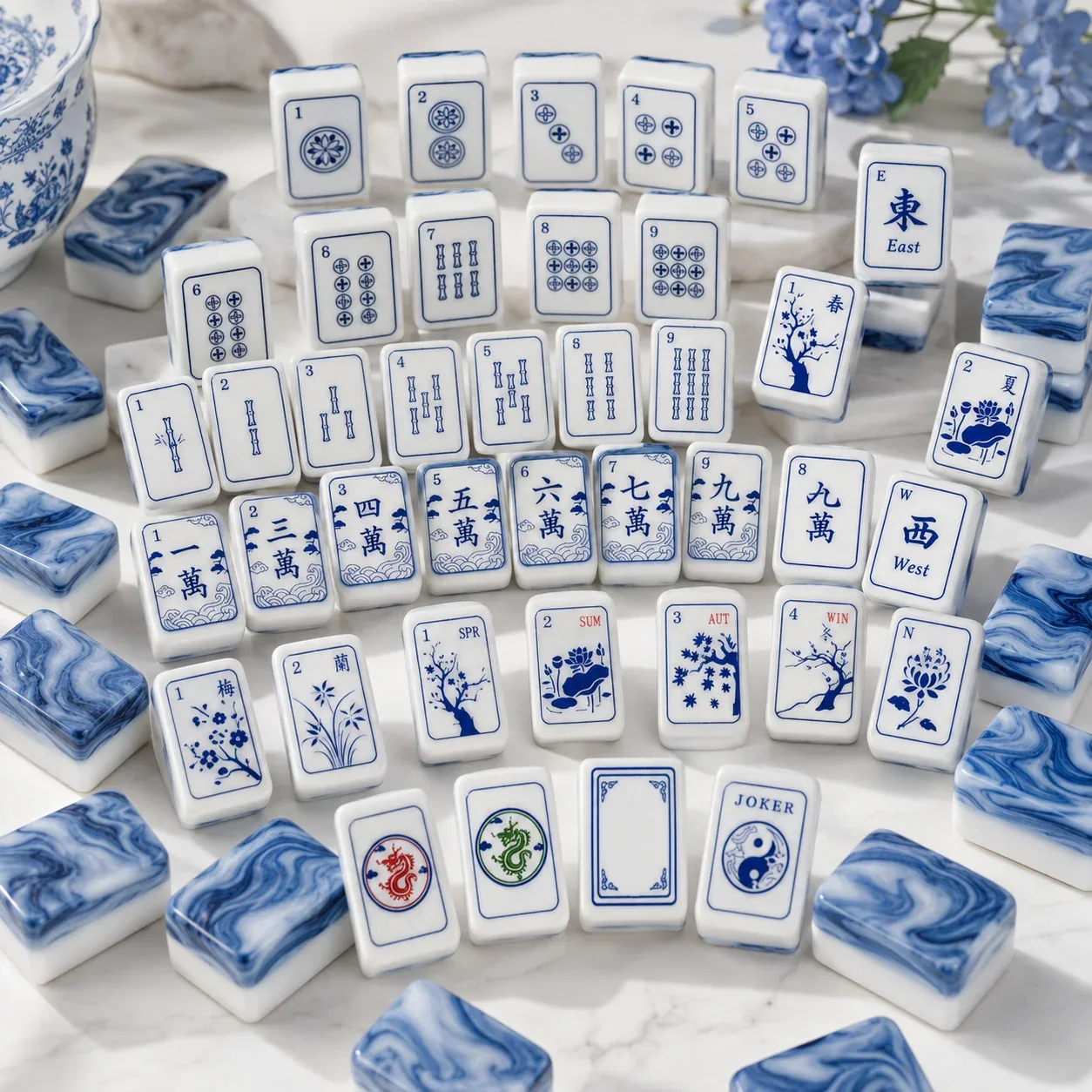 Blue Marbled Porcelain American Mahjong Tiles Set