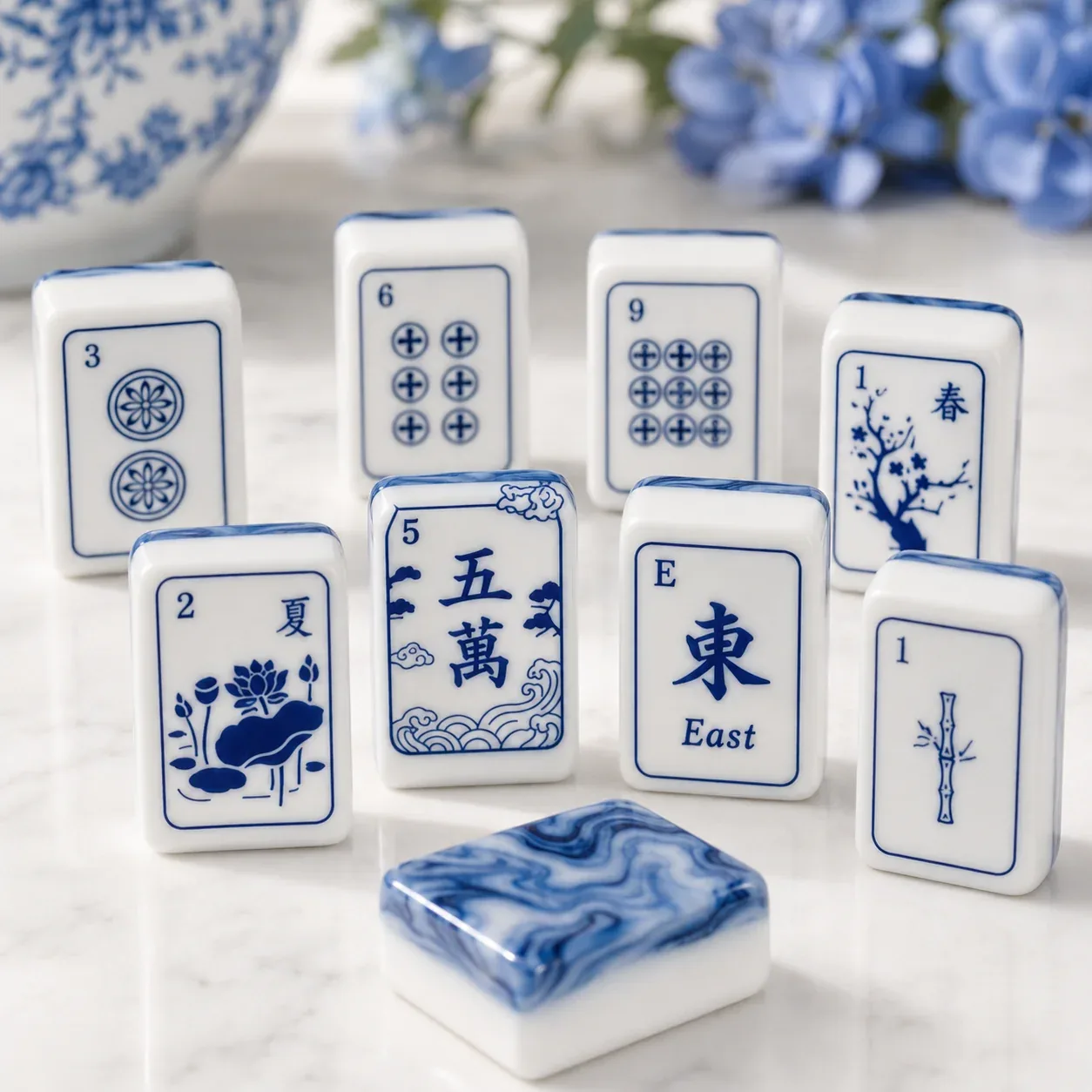 Blue Marbled Porcelain American Mahjong Tiles Set