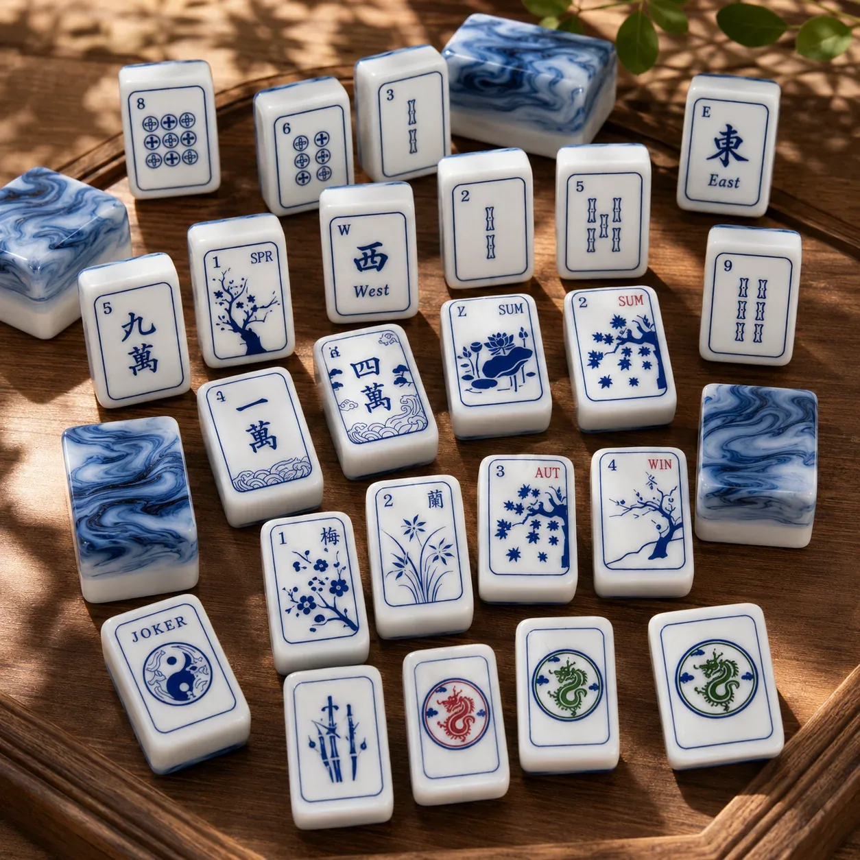 Blue Marbled Porcelain American Mahjong Tiles Set