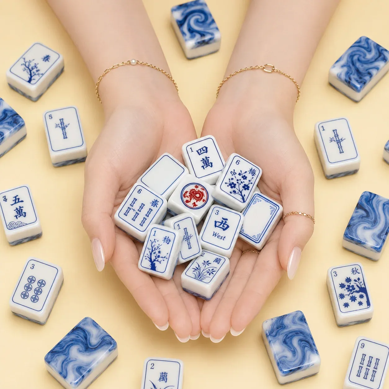 Blue Marbled Porcelain American Mahjong Tiles Set
