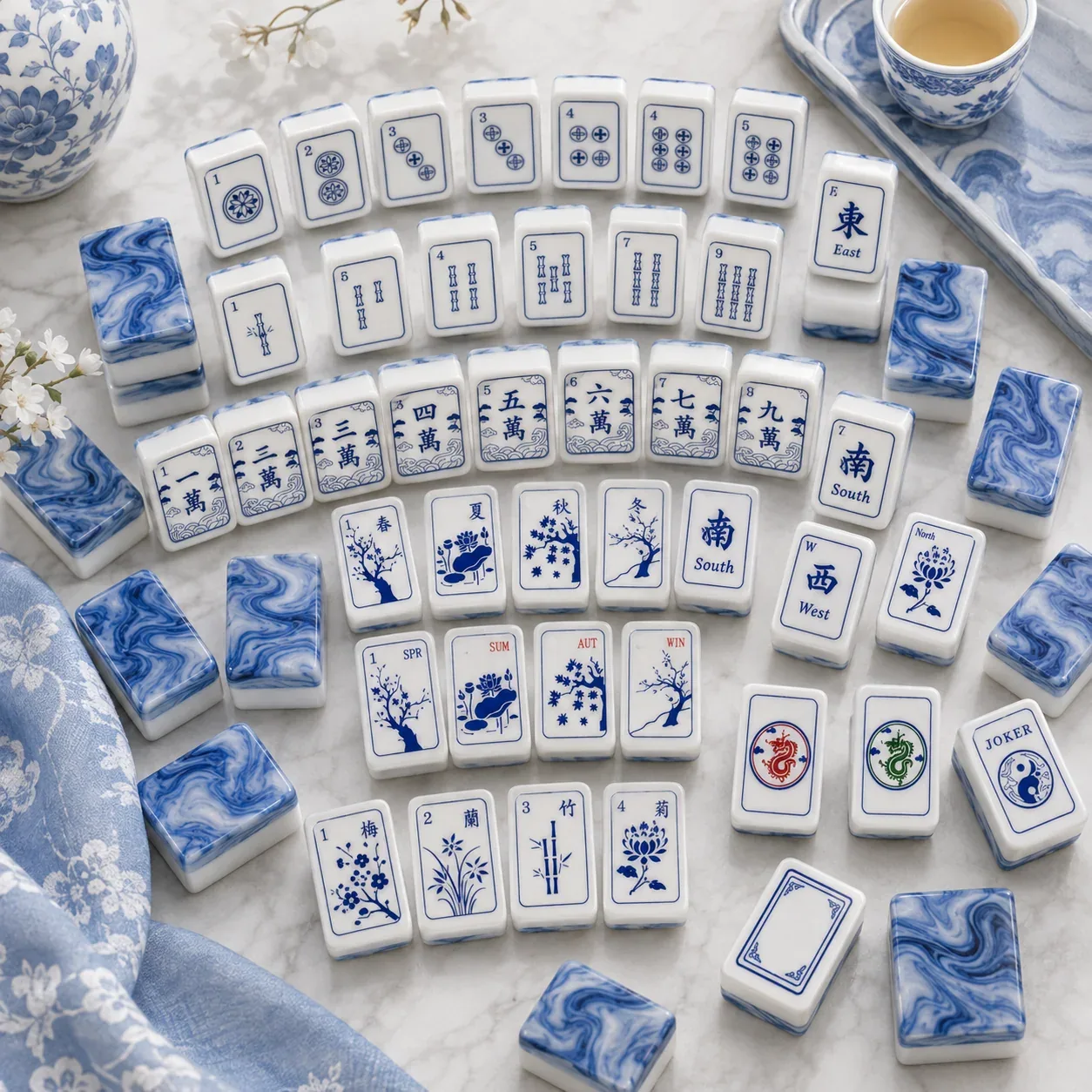 Blue Marbled Porcelain American Mahjong Tiles Set