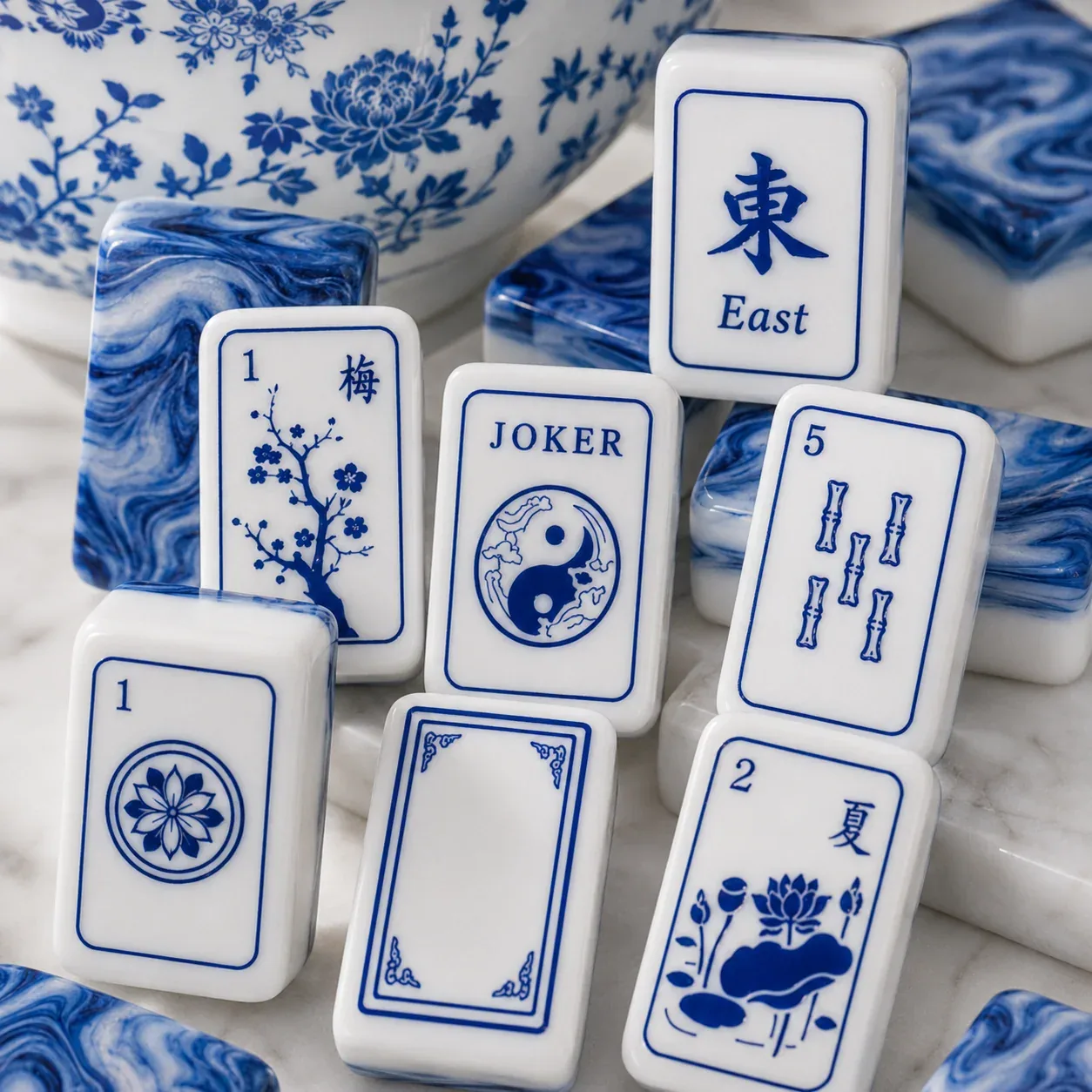 Blue Marbled Porcelain American Mahjong Tiles Set