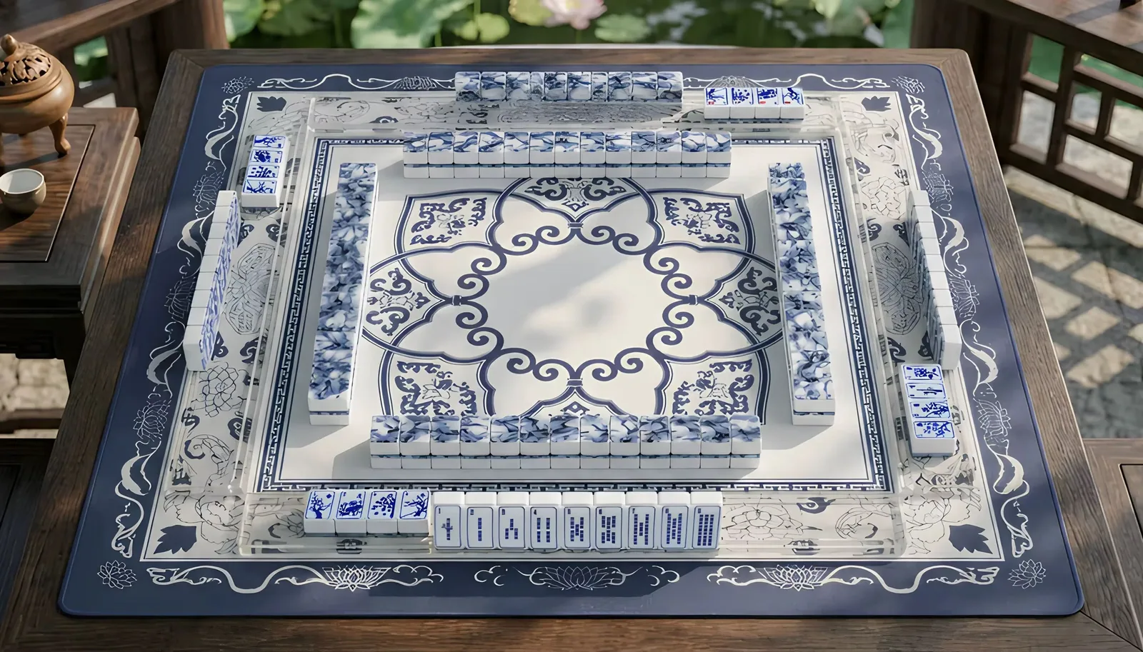 Blue porcelain Mahjong Full Set (Tiles + Mat)