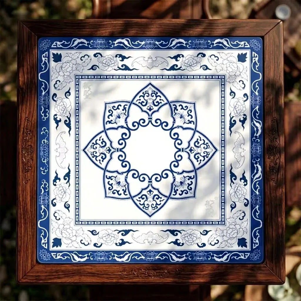 Blue porcelain Mahjong Full Set (Tiles + Mat)