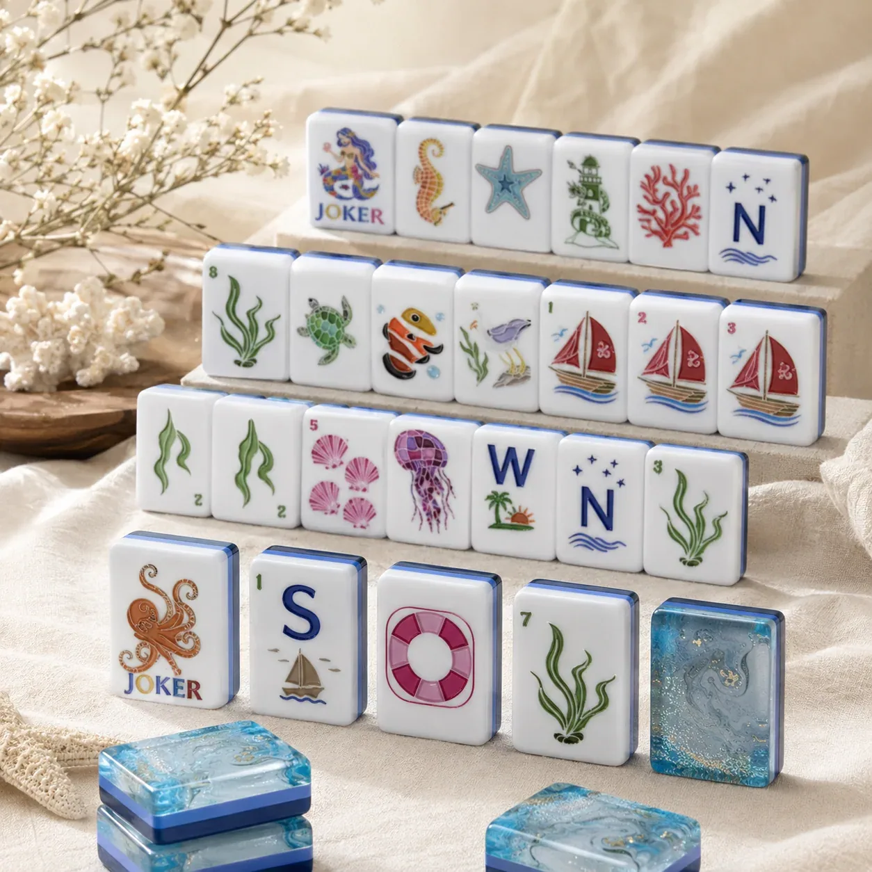 Coastal Pearl Blue American Mahjong Tiles Set
