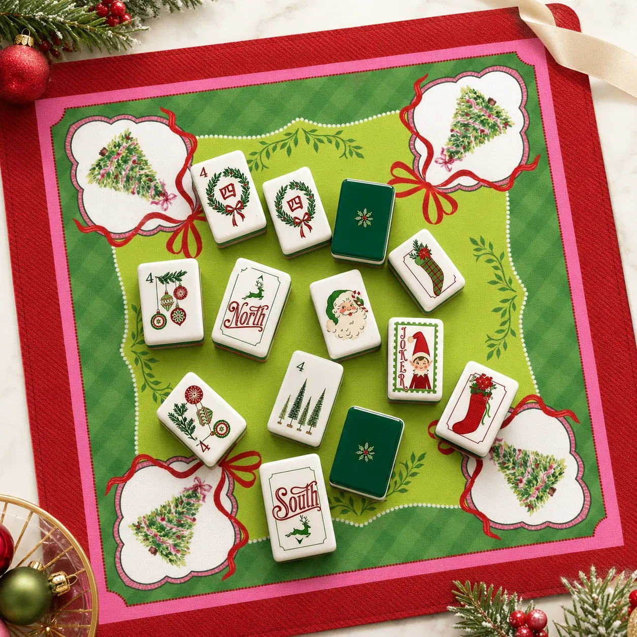 Elves Christmas Themed Mahjong Full Set (Tiles + Mat)